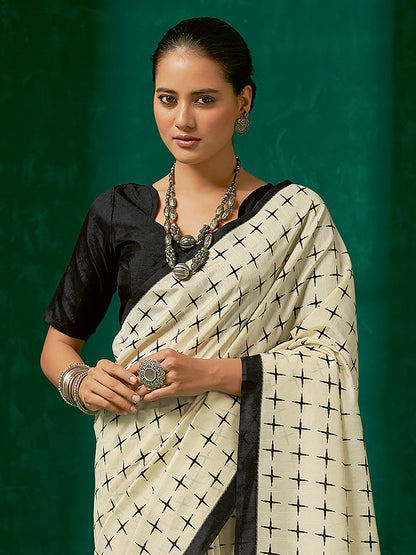 OffWhite Block Print Bhagalpuri Silk Printed Saree