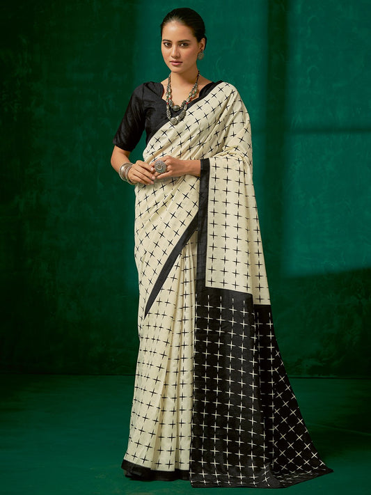 White OffWhite Block Print Bhagalpuri Silk Printed Saree