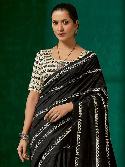 Black Block Print Bhagalpuri Silk Printed Saree