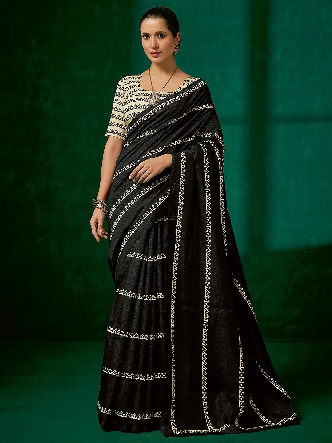 Black Block Print Bhagalpuri Silk Printed Saree - The Dori Store