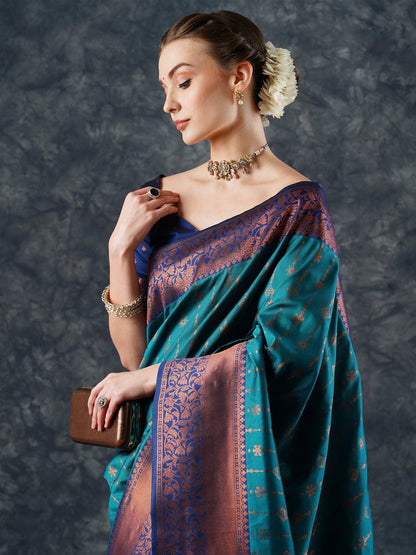 Teal Banarasi Silk Blend Woven Saree