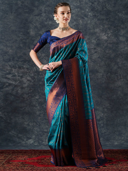 Blue Teal Banarasi Silk Blend Woven Saree