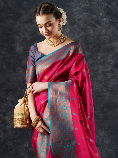 Pink Banarasi Silk Blend Woven Saree