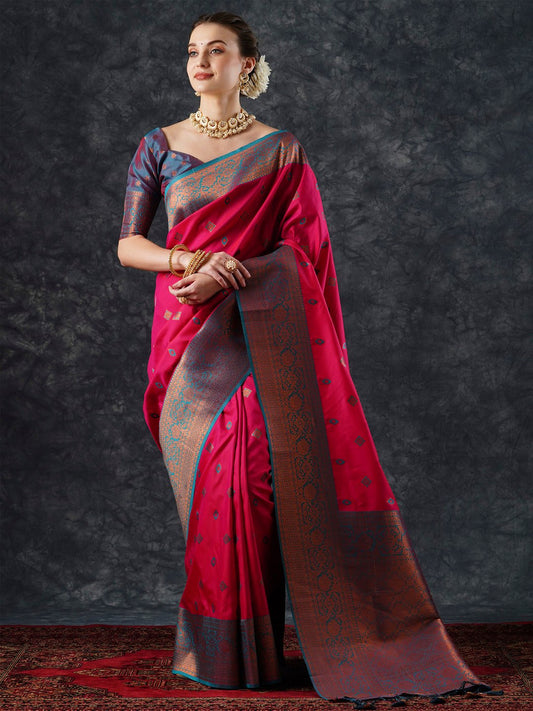 Pink Pink Banarasi Silk Blend Woven Saree