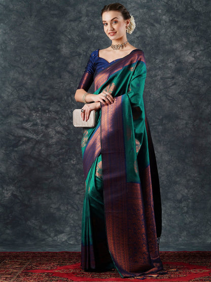 Teal Banarasi Silk Blend Woven Saree