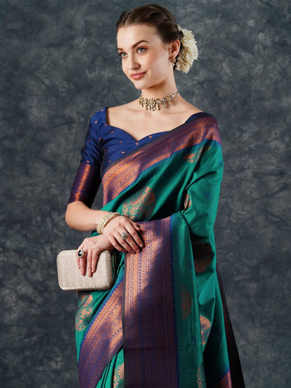 Teal Banarasi Silk Blend Woven Saree
