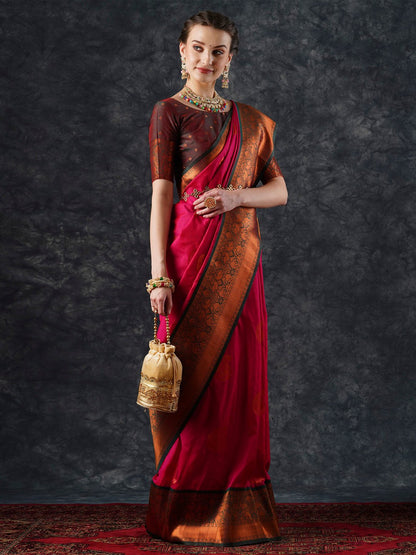 Pink Banarasi Silk Blend Woven Saree