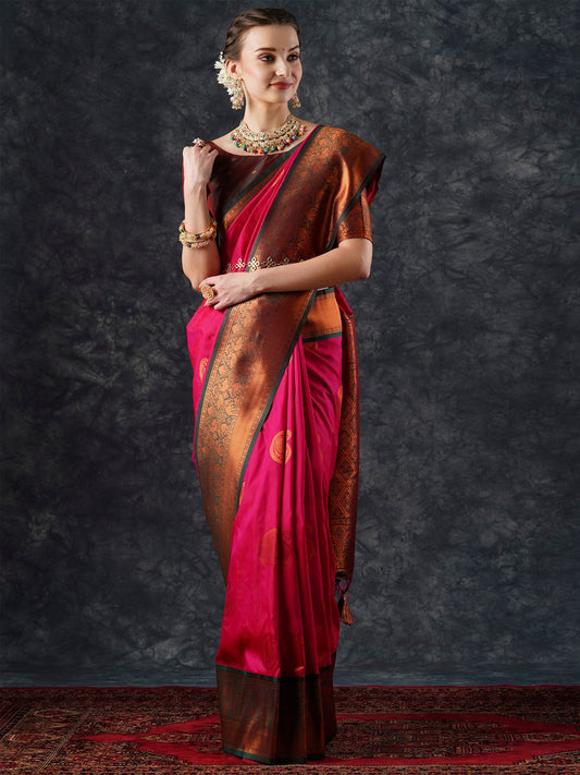 Pink Pink Banarasi Silk Blend Woven Saree