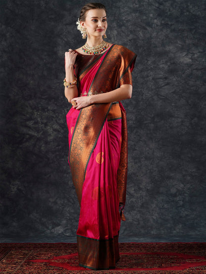 Pink Pink Banarasi Silk Blend Woven Saree
