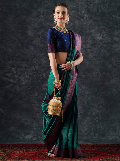 Teal Banarasi Silk Blend Woven Saree