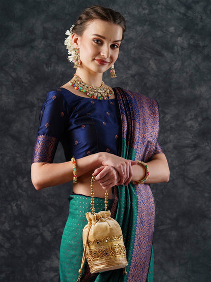 Teal Banarasi Silk Blend Woven Saree