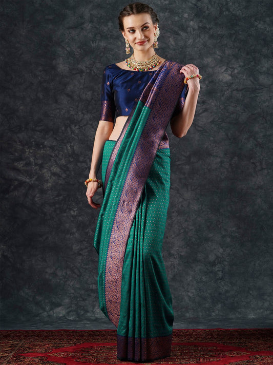 Green Teal Banarasi Silk Blend Woven Saree