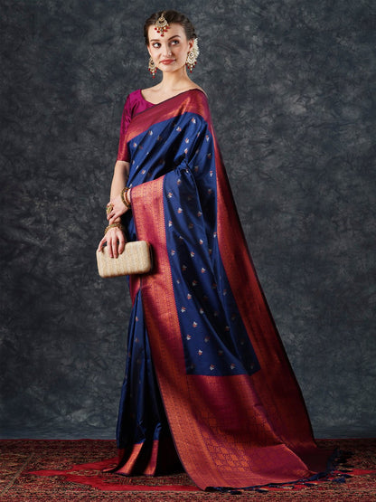 Navy Banarasi Silk Blend Woven Saree
