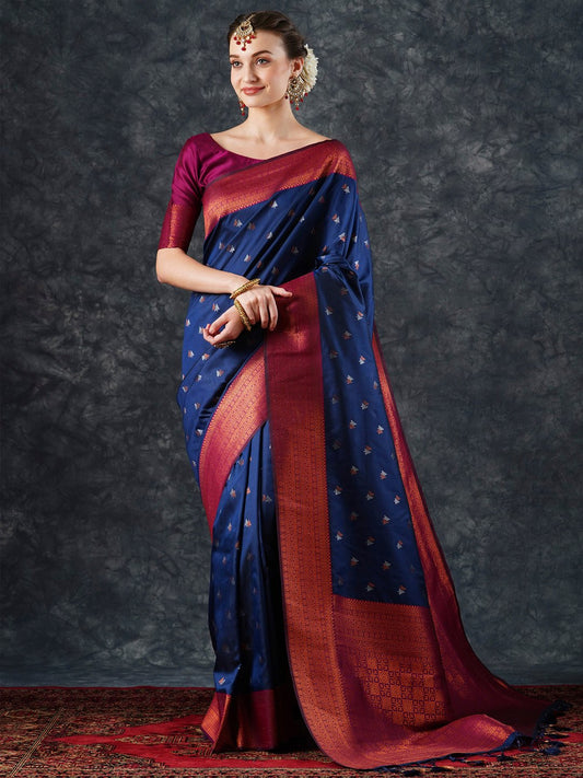 Blue Navy Banarasi Silk Blend Woven Saree