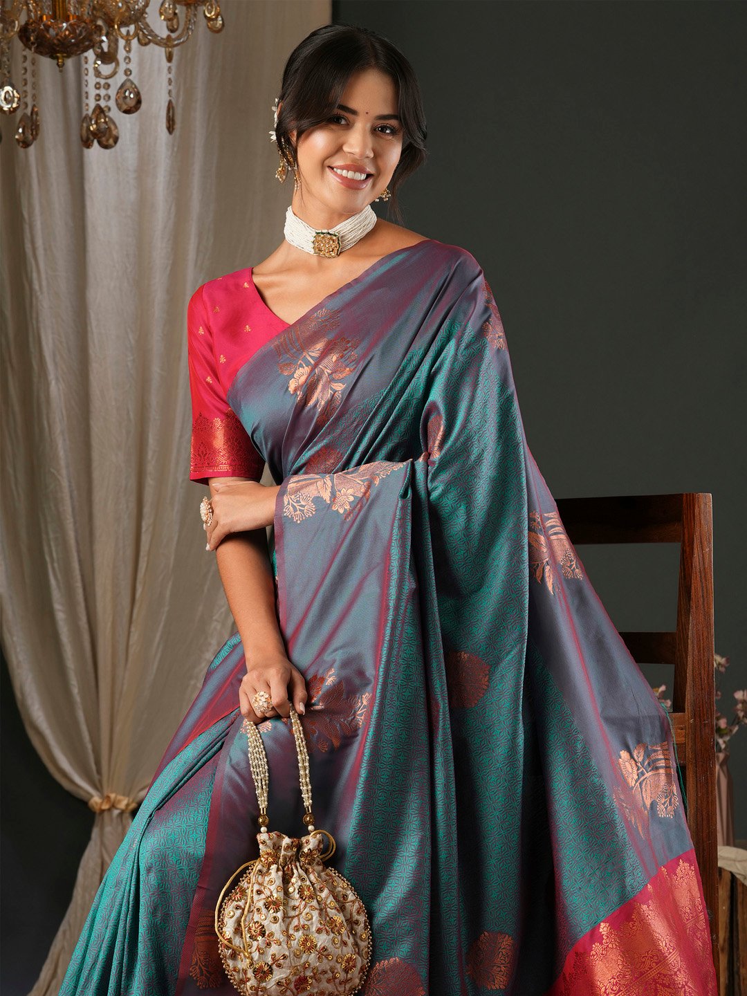 Teal Banarasi Silk Blend Woven Saree