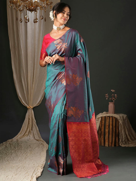 Blue Teal Banarasi Silk Blend Woven Saree
