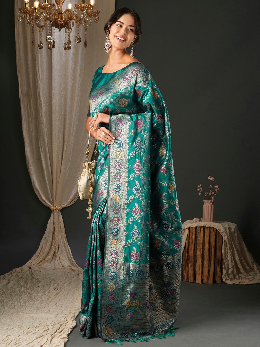 Teal Banarasi Silk Blend Woven Saree