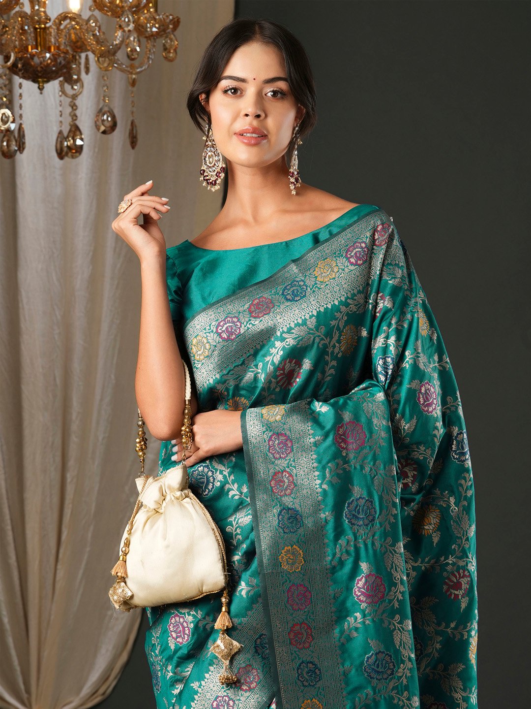 Teal Banarasi Silk Blend Woven Saree