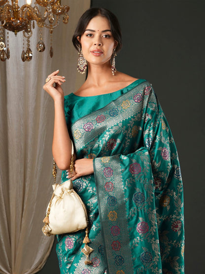 Teal Banarasi Silk Blend Woven Saree