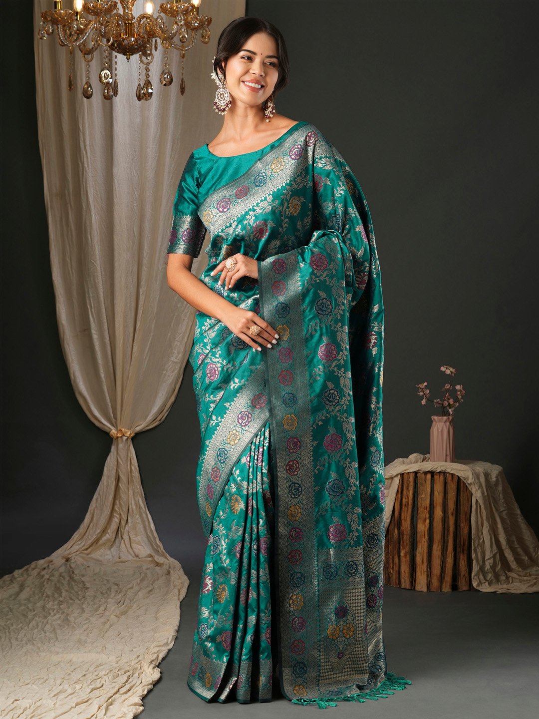 Green Teal Banarasi Silk Blend Woven Saree