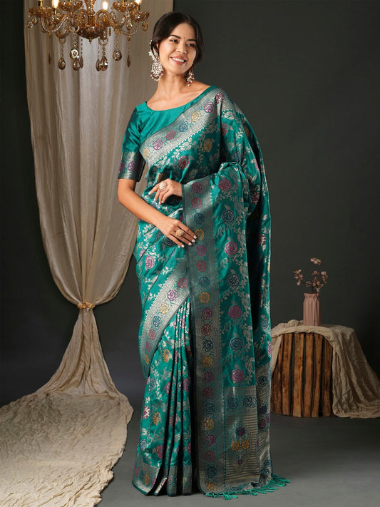 Green Teal Banarasi Silk Blend Woven Saree