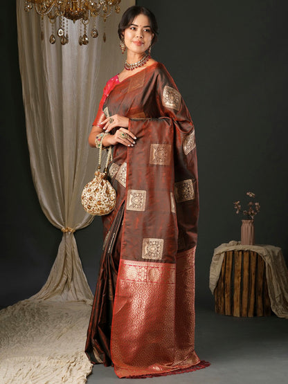 Brown Banarasi Silk Blend Woven Saree