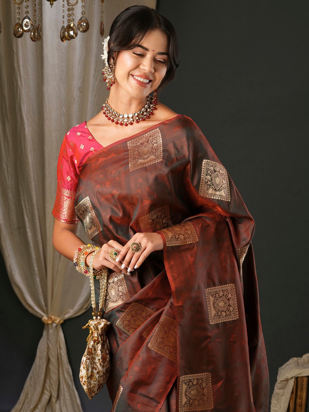 Brown Banarasi Silk Blend Woven Saree