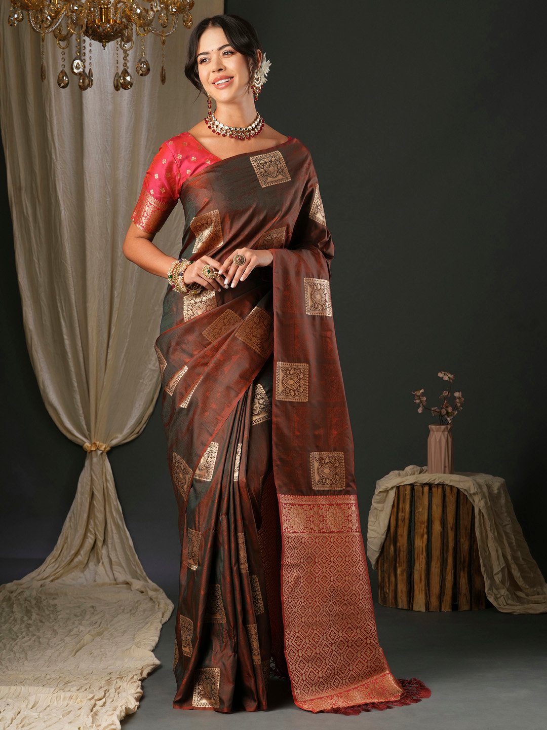 Brown Brown Banarasi Silk Blend Woven Saree