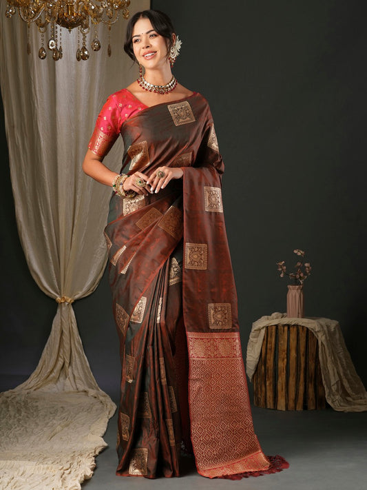Brown Brown Banarasi Silk Blend Woven Saree