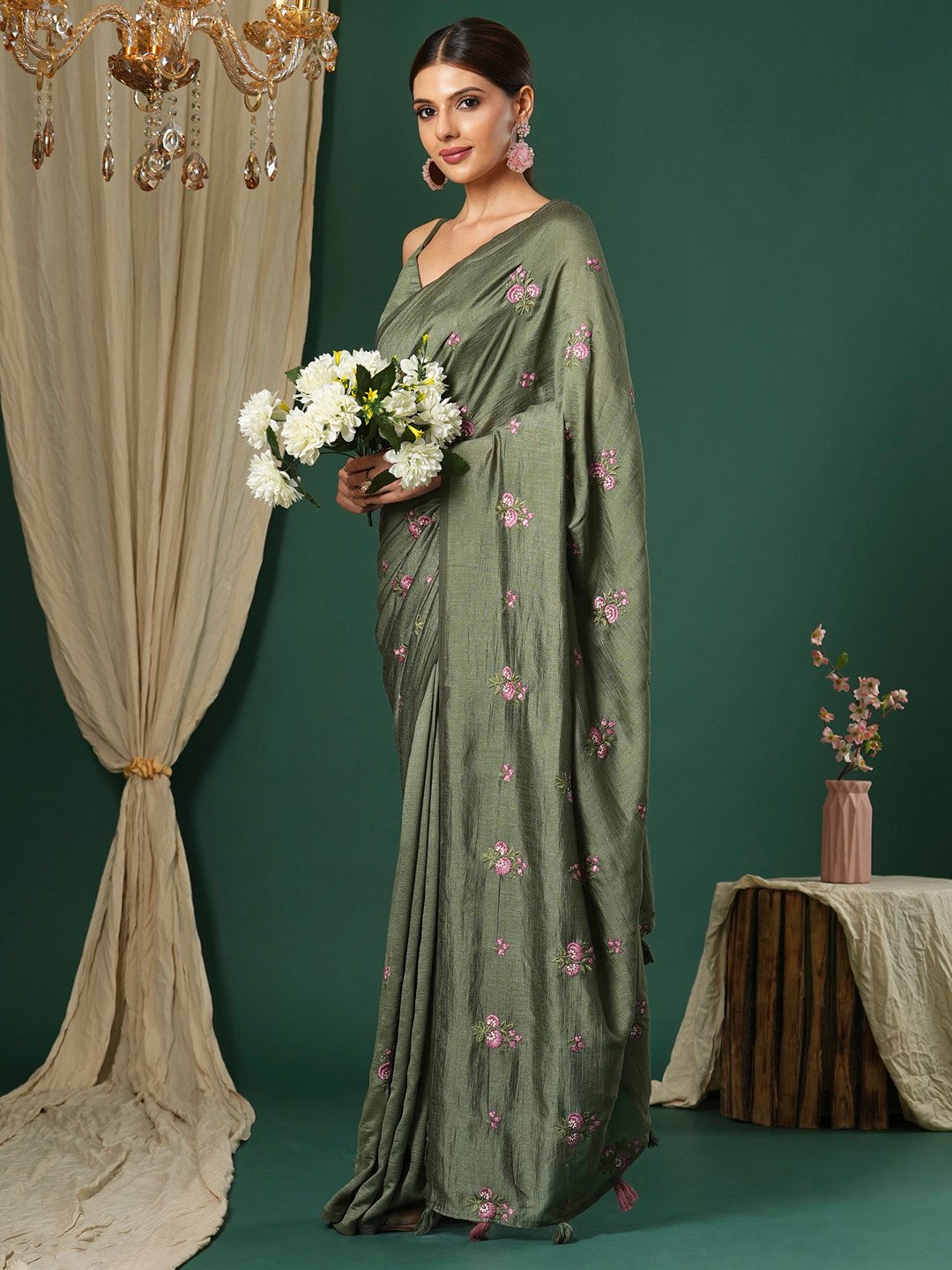 Olive Party Wear Vichitra Silk Embroidered Saree