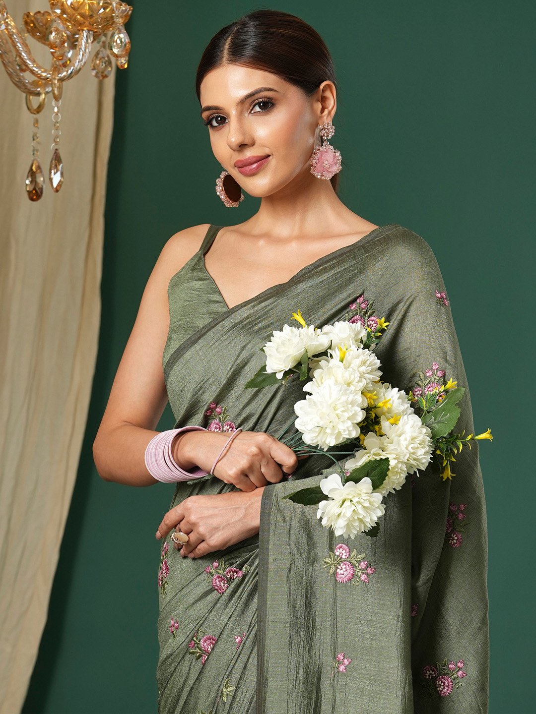 Olive Party Wear Vichitra Silk Embroidered Saree
