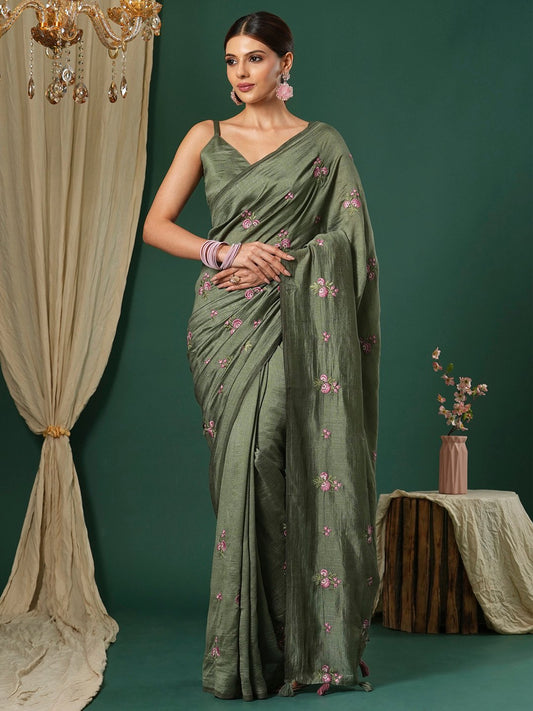 Green Olive Party Wear Vichitra Silk Embroidered Saree