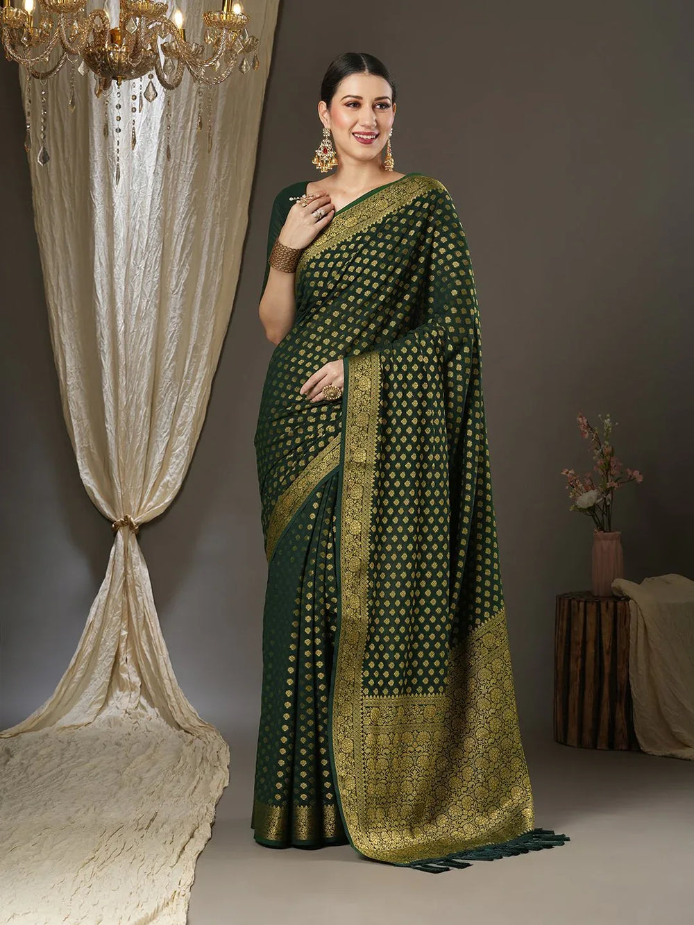 Green Kanjeevaram Georgette Woven Saree - The Dori Store