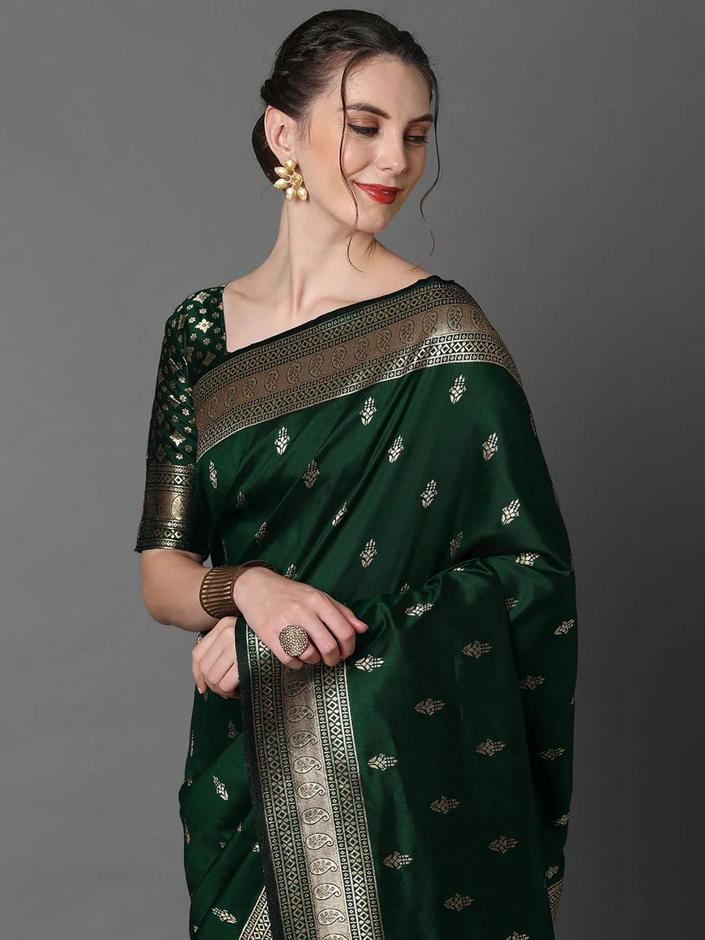 Dark Green Banarasi Silk Saree - The Dori Store