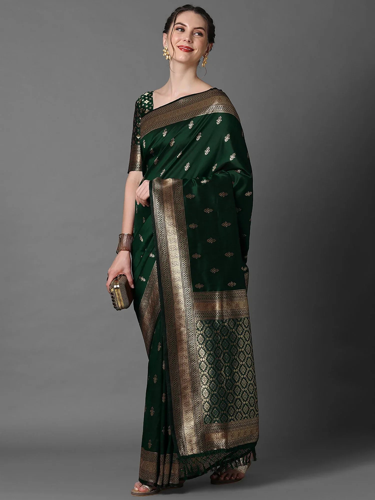Dark Green Banarasi Silk Saree - The Dori Store