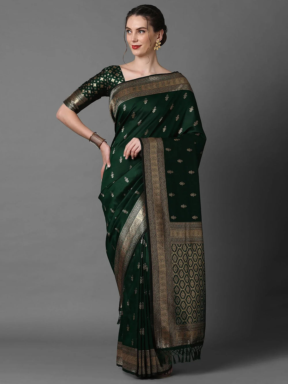 Dark Green Banarasi Silk Saree - The Dori Store