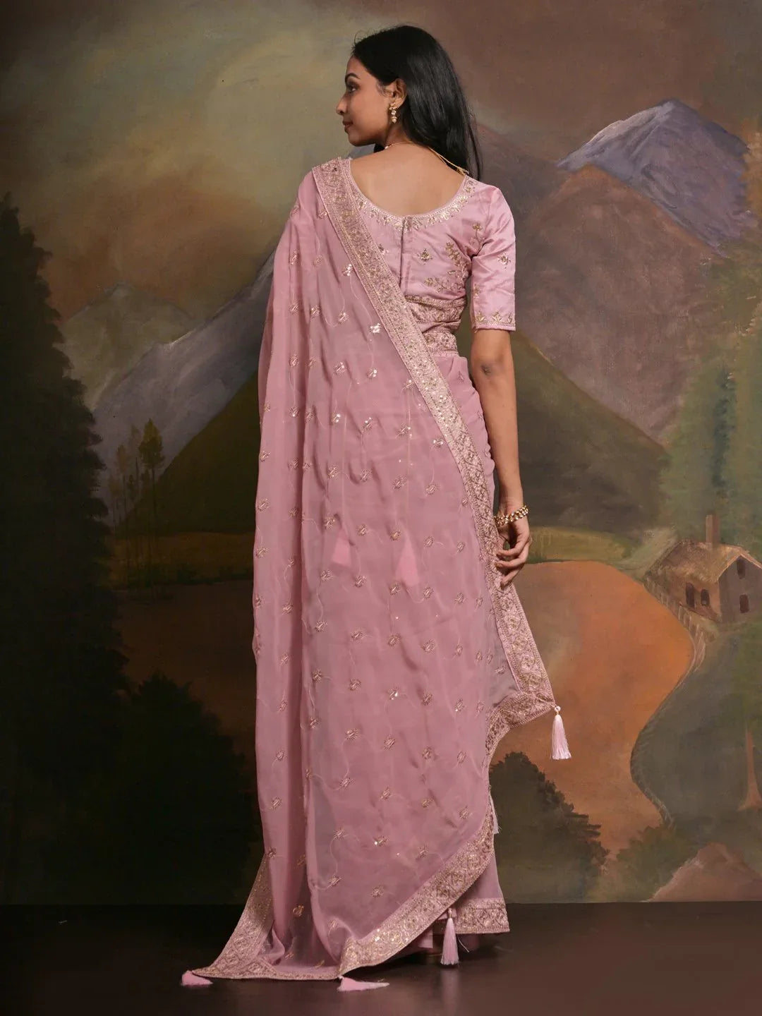 Pink Party Wear Georgette Embellished Saree - The Dori Store