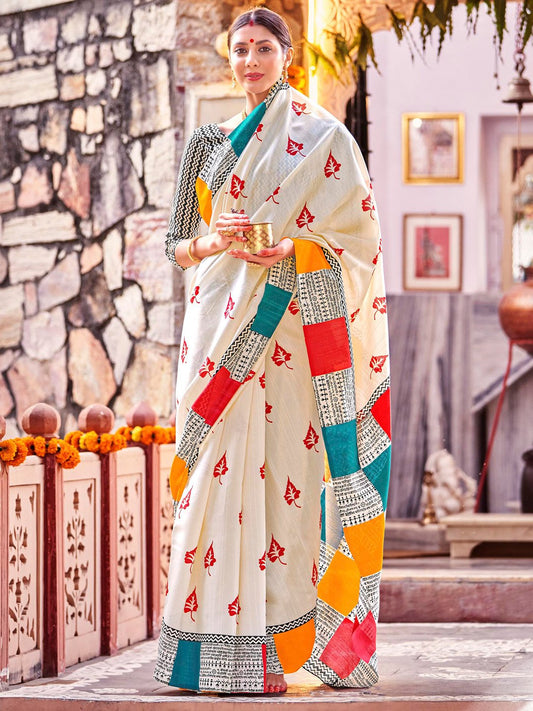 White Cream Bagh Bhagalpuri Silk Printed Saree