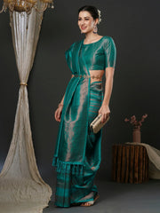 Ethnic Teal Blue Soft Silk Saree - The Dori Store