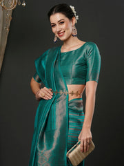 Ethnic Teal Blue Soft Silk Saree - The Dori Store