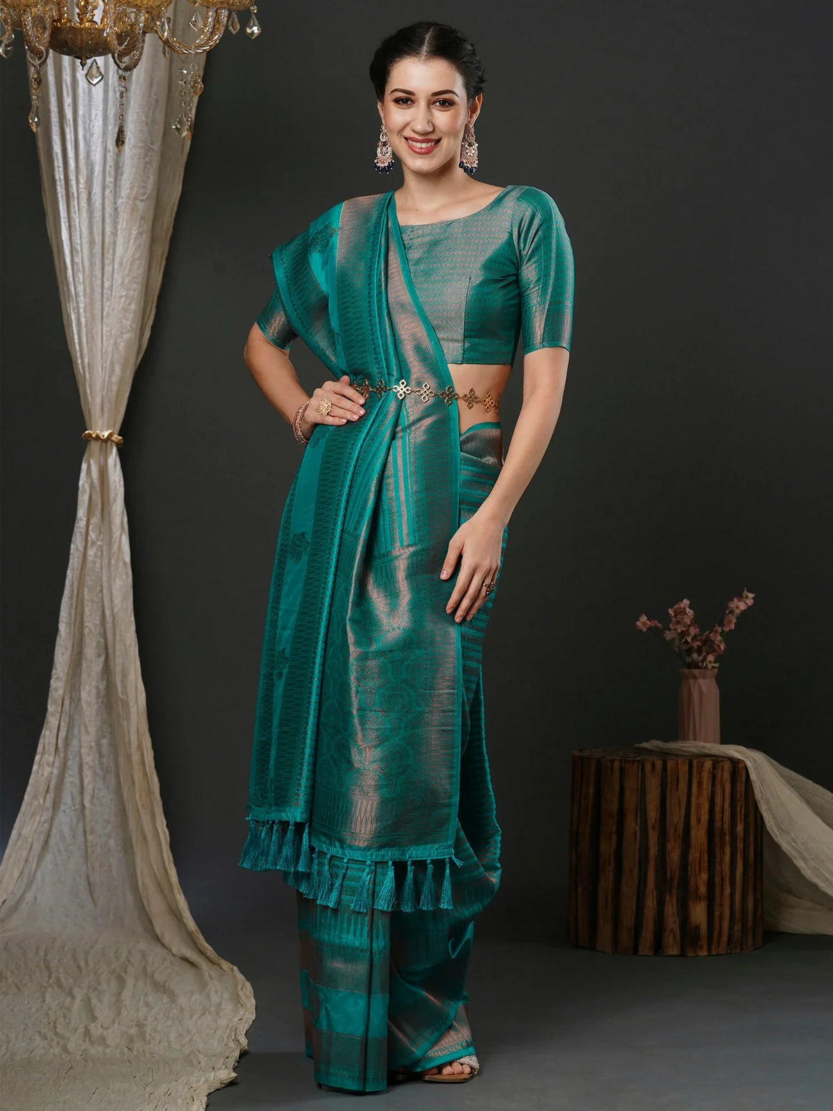Ethnic Teal Blue Soft Silk Saree - The Dori Store