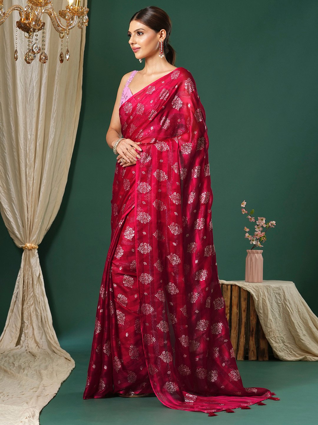 Pink Party Wear Chiffon Printed Saree