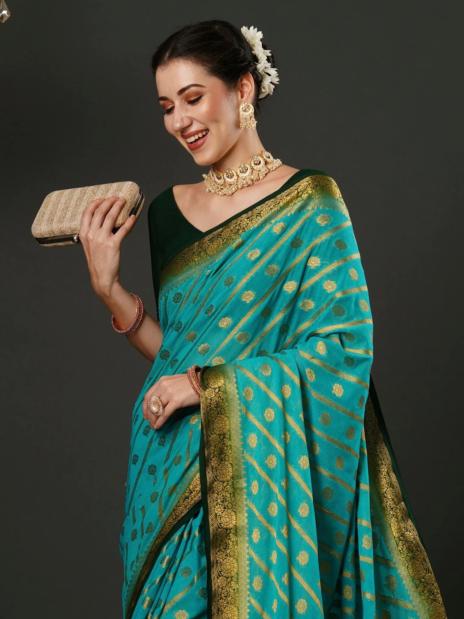 Greenish Blue Designer Georgette Saree - The Dori Store