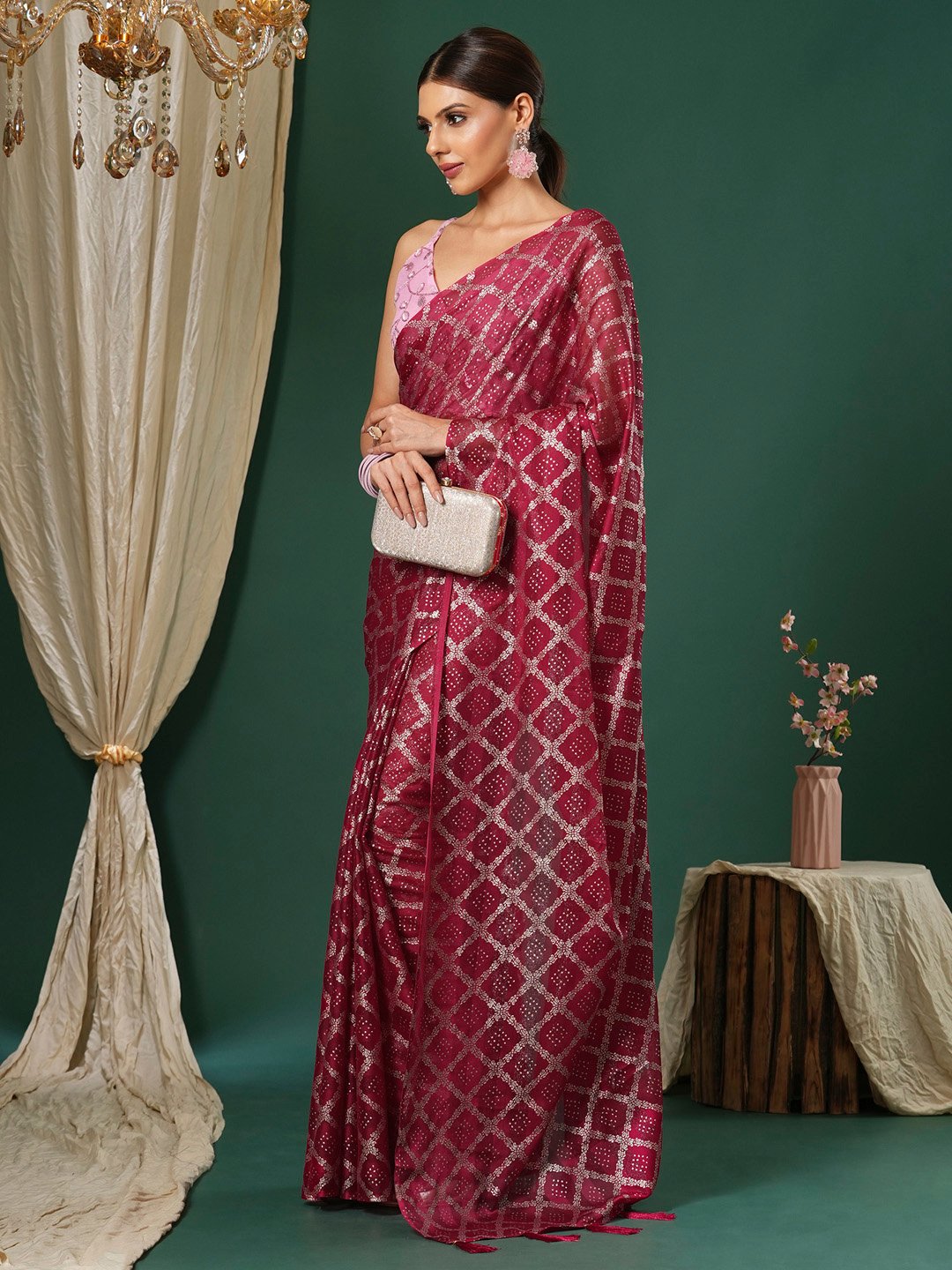 Pink Party Wear Chiffon Printed Saree