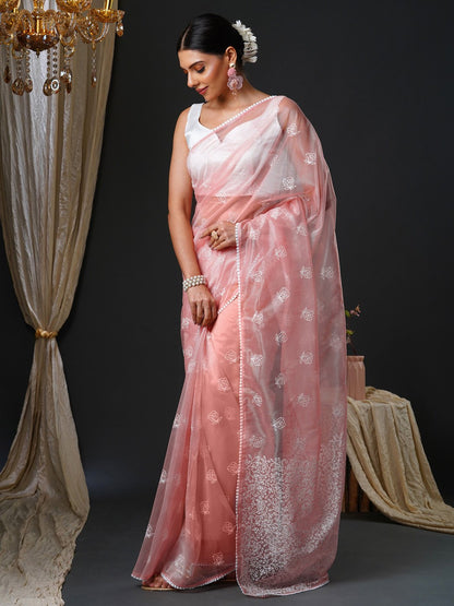 Peach Party Wear Organza Embroidered Saree