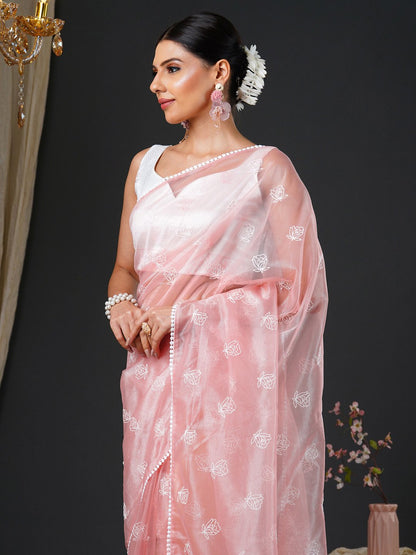 Peach Party Wear Organza Embroidered Saree