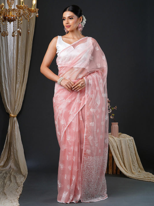 Pink Peach Party Wear Organza Embroidered Saree
