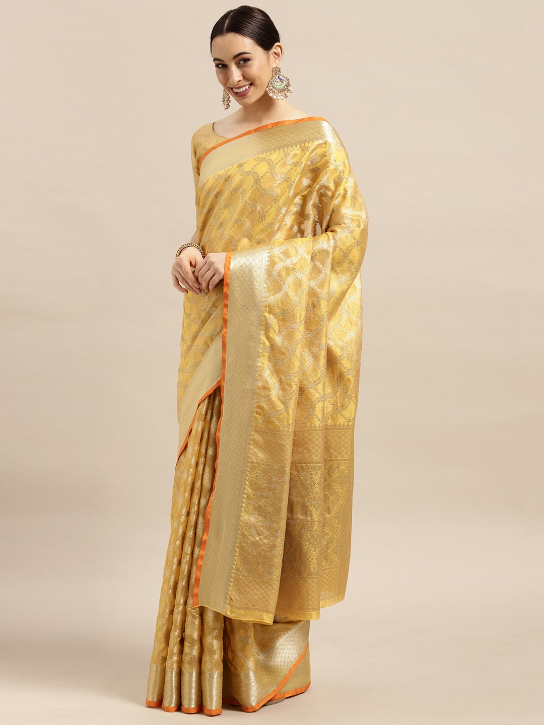 Yellow Banarasi Silk Blend Woven Saree