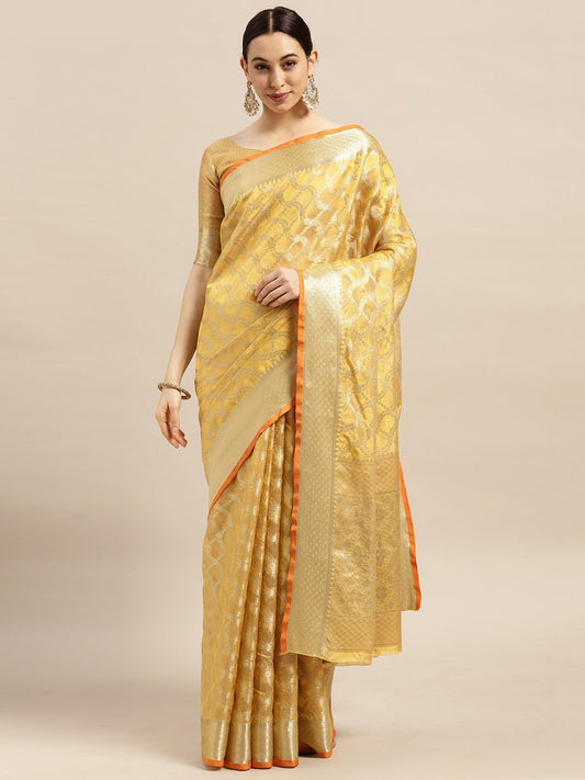 Yellow Yellow Banarasi Silk Blend Woven Saree