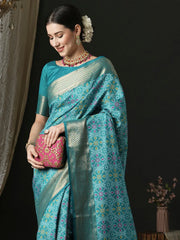 Blue Patola Silk Blend Woven Saree
